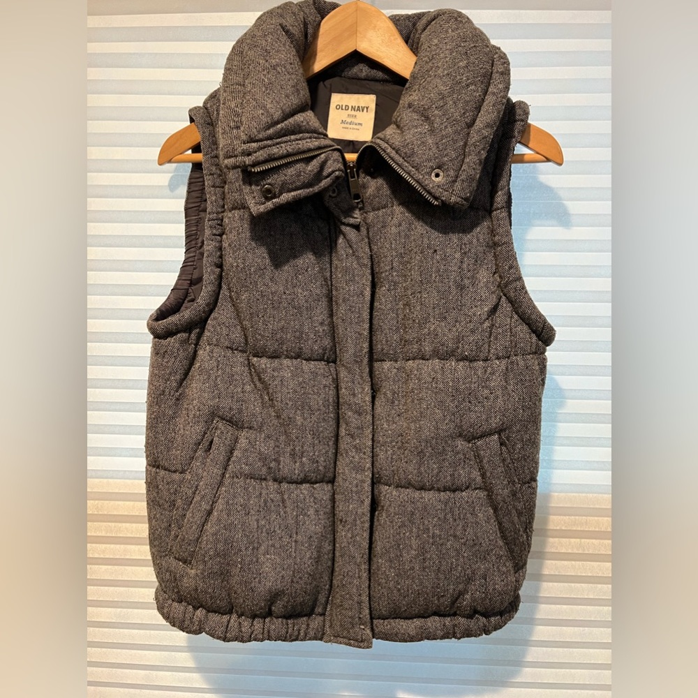 Gray Wool Blend Tweed Zip-Up Sleeveless Puffer Vest
